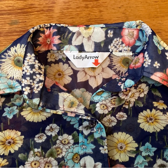Vintage 70s navy floral button-up blouse, sheer - Picture 4 of 7